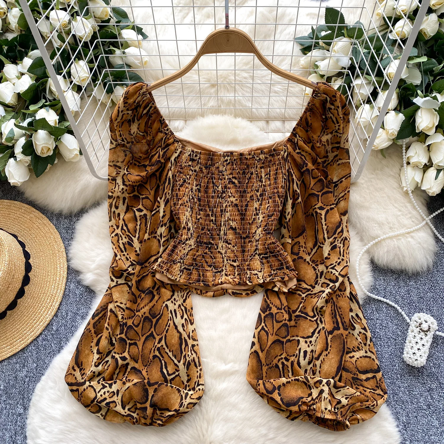 

Female French Pleated Lantern Sleeve Tops Shirts Square Neck Y2K Ins Snake Skin Pattern Wild Animal Blouse Night Club Pullovers