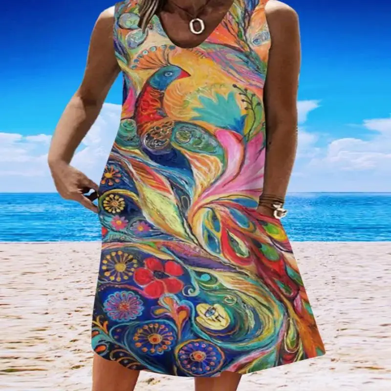 

Plus Size Women's Colorful Sleeveless V-neck Graphic Floral Printed Midi Dress