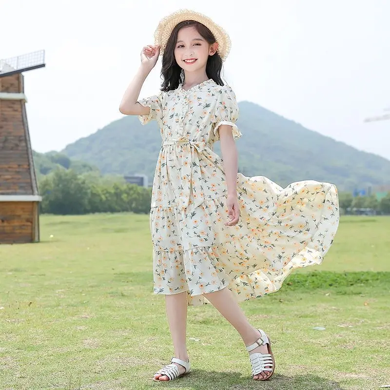 Summer Floral Chiffon One - Piece Dress Casual Midi Party Dresses Cute Bohemian Holiday Girl Elegant Princess Dress Kids Girl