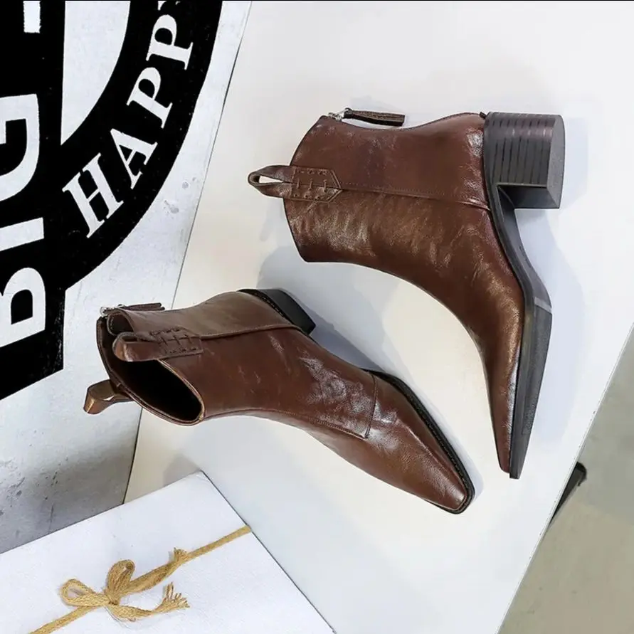 

BIGTREE Street Style Designer Vintage Pointed Toe Zipper Women Ankle Boots Autumn Winter Fashion Square Heel Shoes Botas Mujer