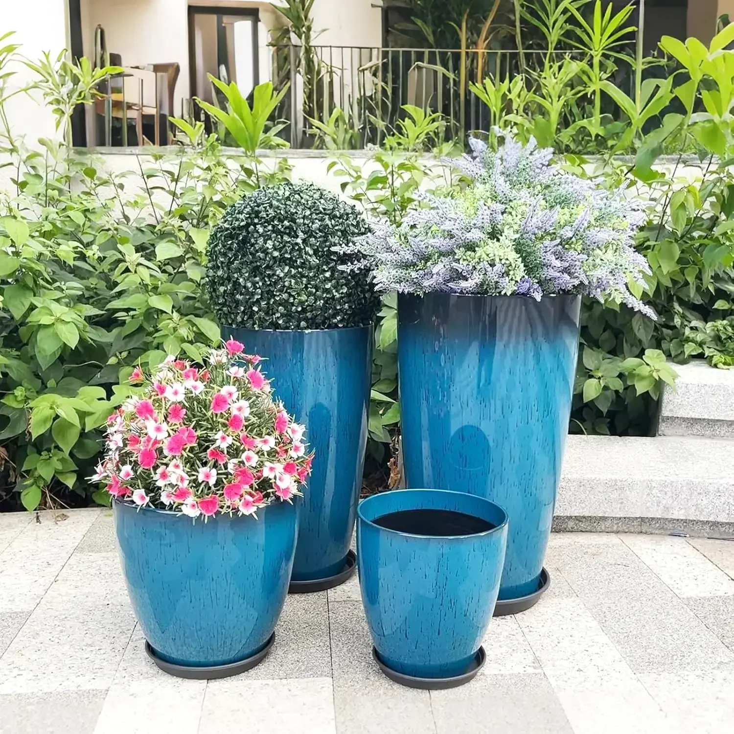 

[High Quality, Fast Shipping!]ZMTECH 24/21/12/10" H Large Plastic Planters with Drainage Hole & Saucer, Set of 4 Tall Plant Pots