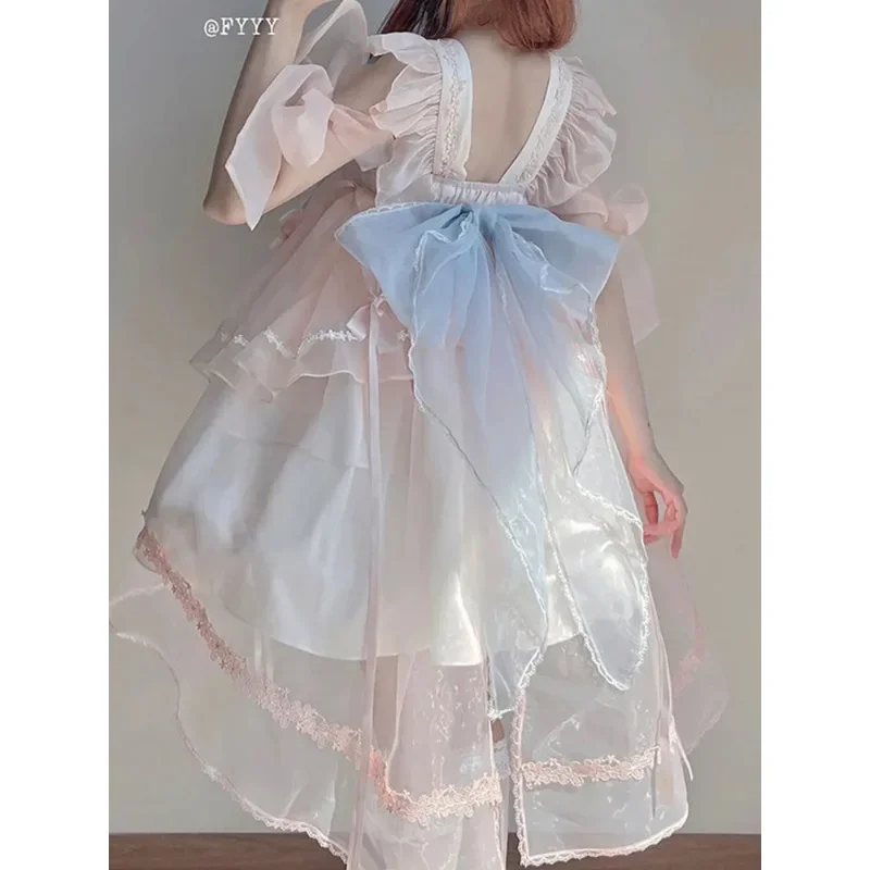 Chinese Traditionele Roze Kanten Strik Lolita Jurk Dameskleding 2024 Zomer Lieve Meisjes Theekransjurk Kawaii Carnaval Jurken