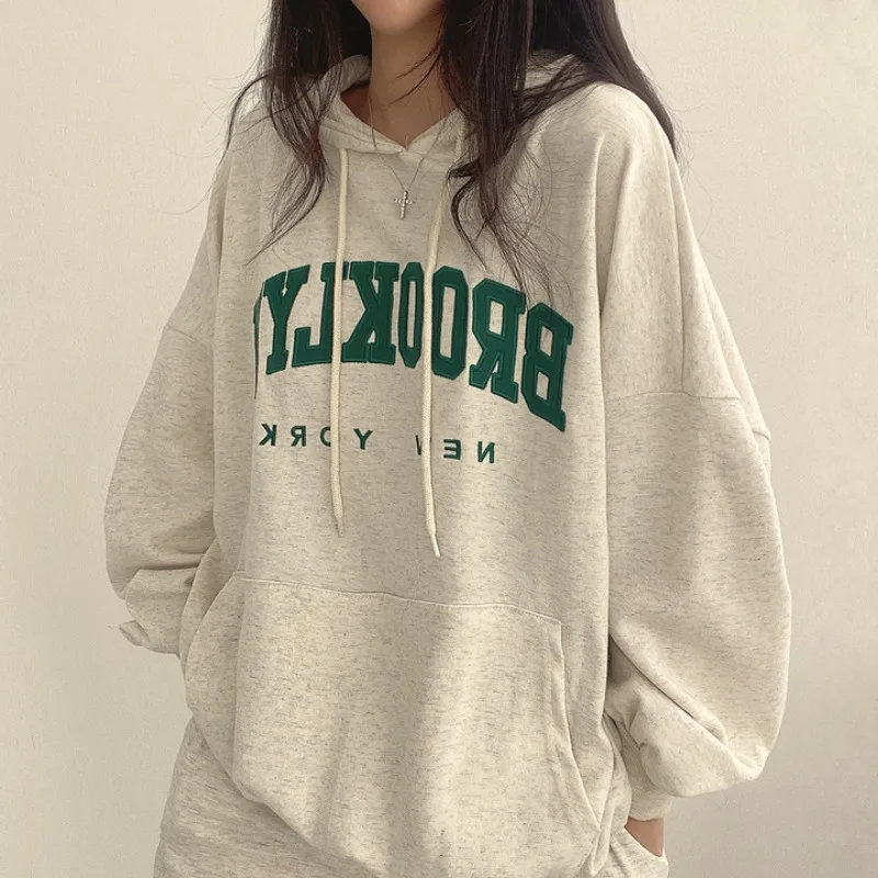 BROOKLYN Letter Print Hoodies Women Retro Chic Long Sleeve Loose Pullovers 2023 Harajuku Casual Hooded Sweatshirt Y2K Streetwear