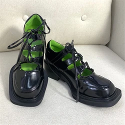 2024 New Spring Women Pumps Retro Hollow Out Dress Shoes Woman Square Toe Lace-up Zapatos Mujer Chunky Heel Leather Shoes