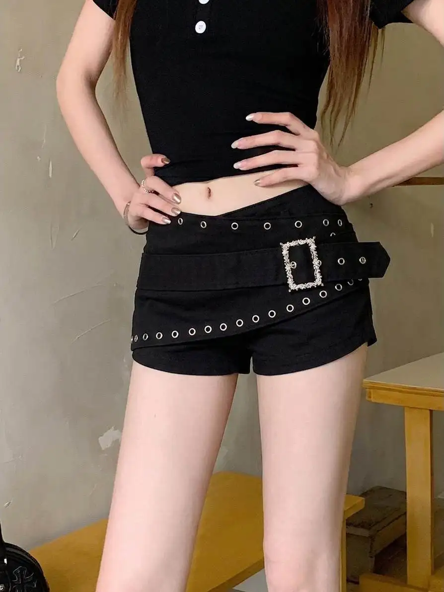 Women's Summer Punk Style Rivets Low Waist Slim Shorts Lady Streetwear Black Irregular Shorts
