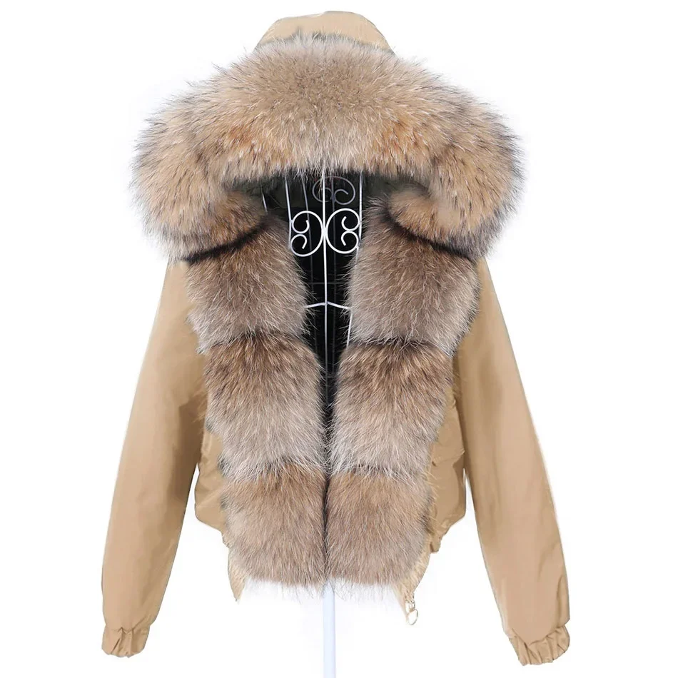 

New 2023 MAOMAOKONG Fashion Women Real Fox Fur Coat Natural Raccoon Big Fur Collar Winter Parka Short Bomber Jacket Waterproof