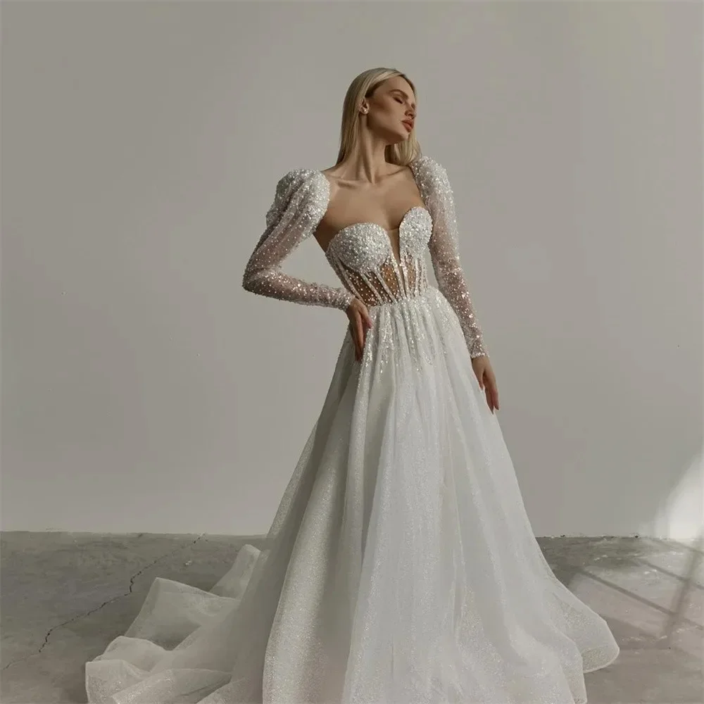Customized Elegant Long Sleeve Sparkle Wedding Dress With Sweetheart Neckline And Sequins Ball Gown Floor Length A-line G