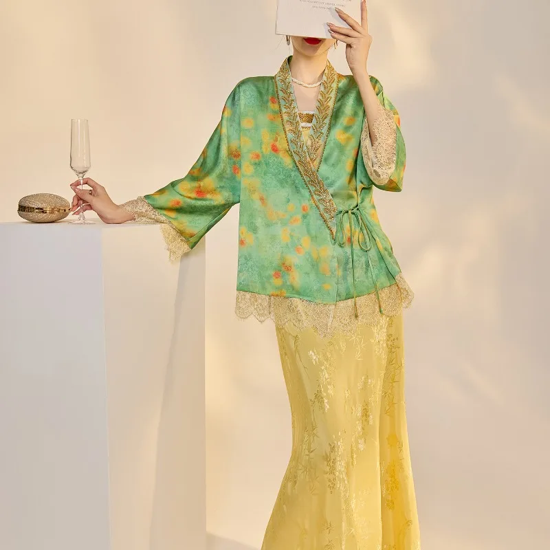 2025 Summer Chinese Embroidery Set, Green Jacquard Kimono with Slip Dress Women's Elegant Two Piece Outfit