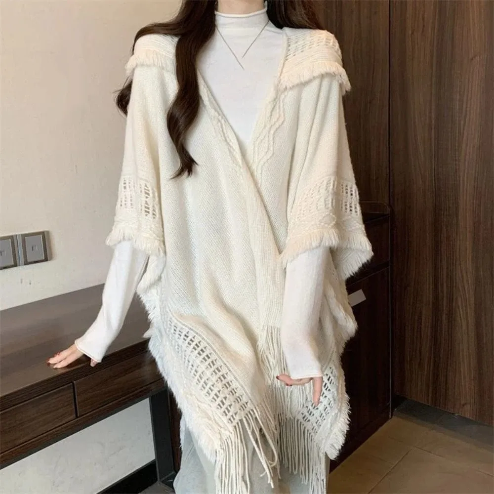 

Simple Tassel Knitted Hoodie Shawl Wrap Large Scarves Women Cloak Solid Color Crochet Top Evening Capes Female/Women