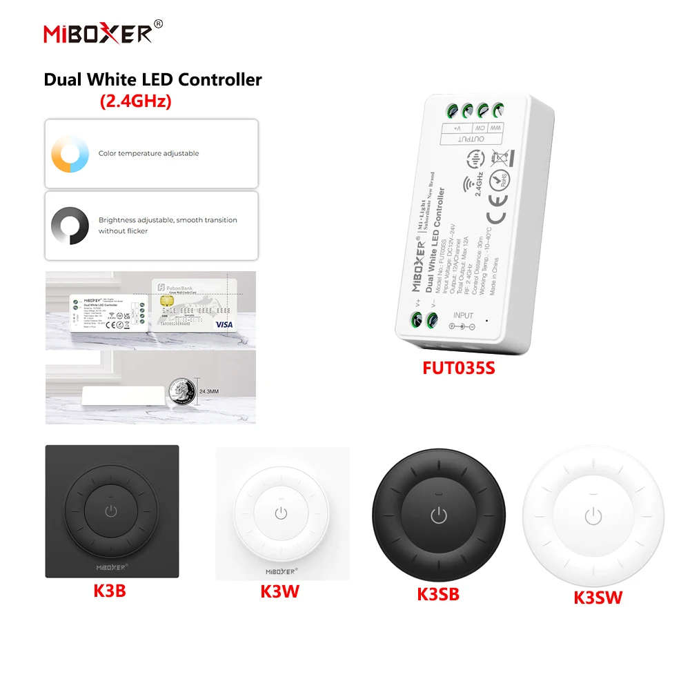 MiBoxer DC12~24V FUT035S+K3/K3S 86 2.4GHzRF Wireless Dual White 12A/Channel LED Controller For CCT COB/Led Strip Light