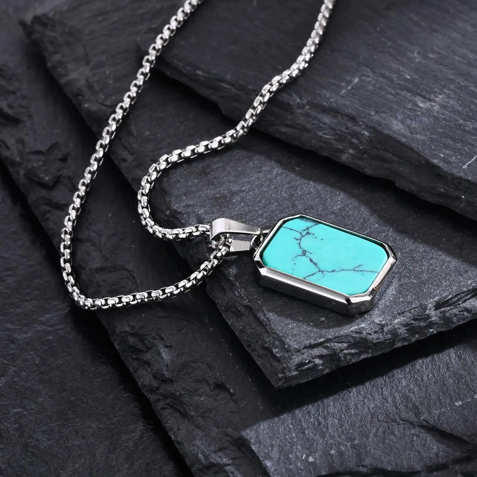 Vnox Natural Stone Pendant Necklaces for Men, Geometric Square Stainless Steel Necklaces Collar, Simple Casual Male Jewelry Gift image 6