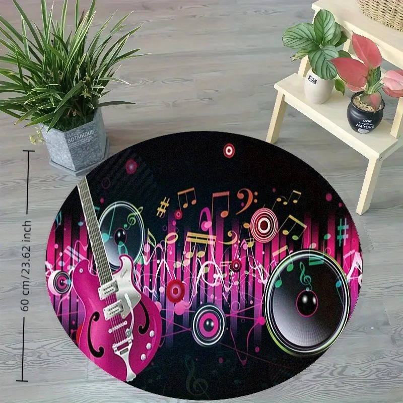 Large Round Music Theme Rug for Kids Playroom Concert Vinyl Mat Decor Musical Band Neon Style Floor Carpet