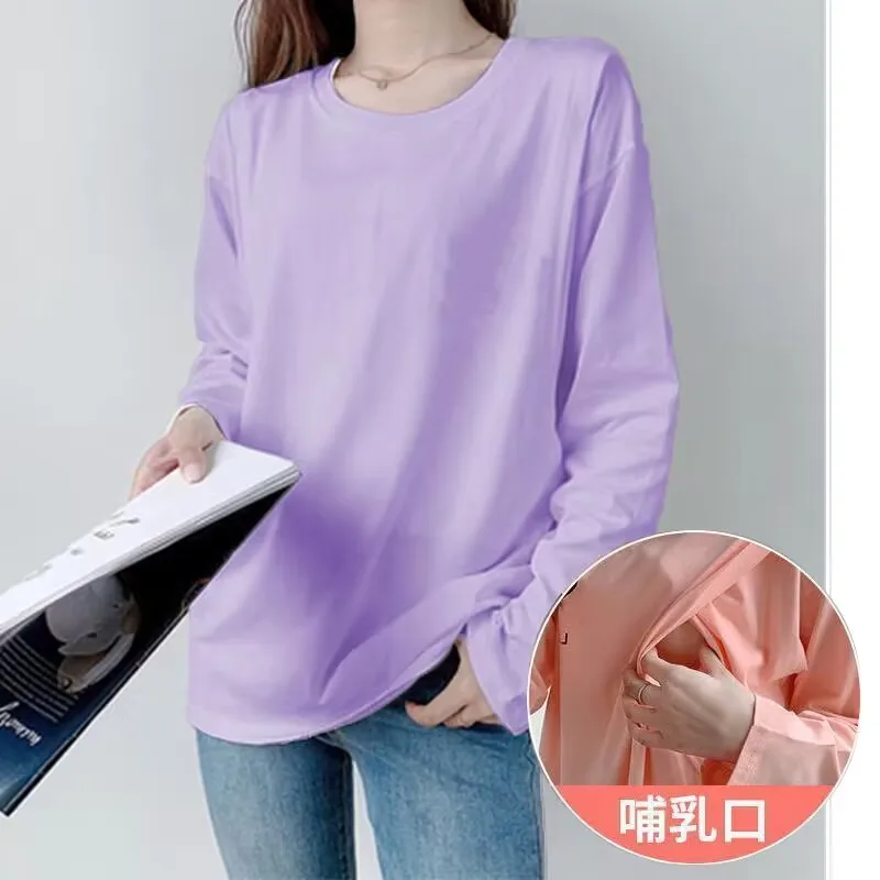 Autumn Long Sleeve Nursing T-shirt Fashion Letters Print Maternity Cotton Lactation Clothes Postpartum Woman Breastfeeding Tees