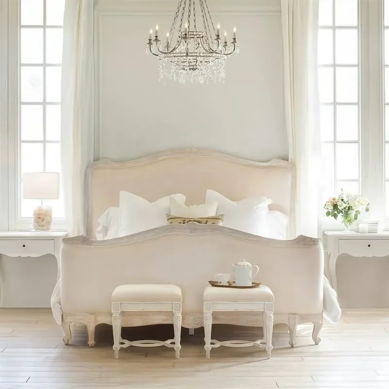American Distressed Vintage Carved Double Bed French European Style Solid Oak for Master Bedroom for Wedding Princess Large