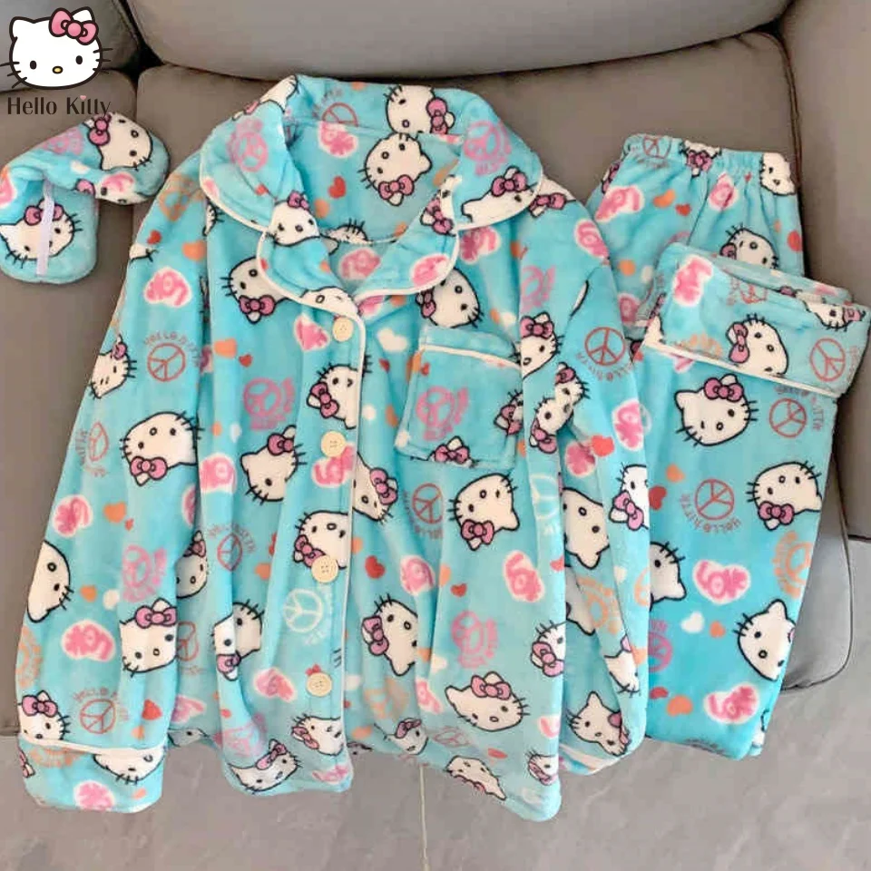 Sanrio Cute Hello Kitty Coral Fleece Plush Pajamas Set Women's Autumn and Winter Pijama Thickened Flannel Home Furry