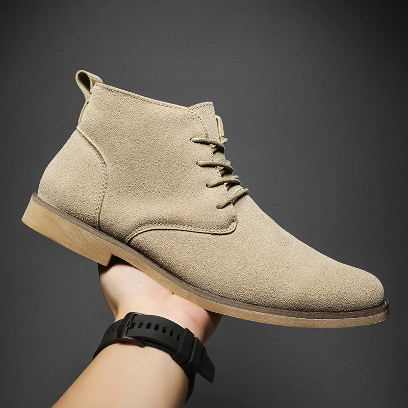 

British Style Khaki Men’s Suede Leather Boots Comfort Chelsea Boots Men Lace-Up Pointed Ankle Boots For Men botas para hombre