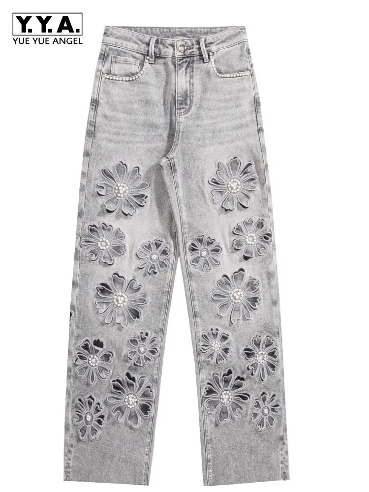 

Лидер продаж, серые женские джинсы полной длины с цветочным принтом и бисером, повседневные джинсовые брюки со средней талией, осенние прямые женские брюки