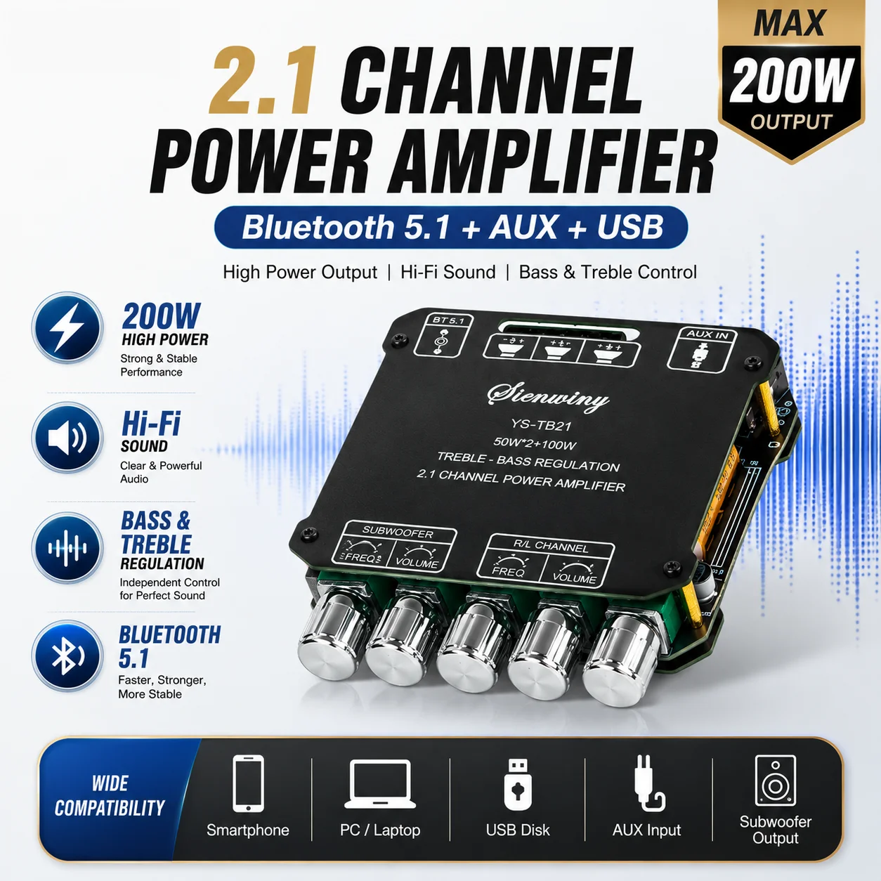 

2.1 Channel Bluetooth 5.1–YS‑TB21, 50W*2+200W High Power, AUX USB Input, HiFi Treble Bass Super Subwoofer & Stereo,DIY Audio Amp