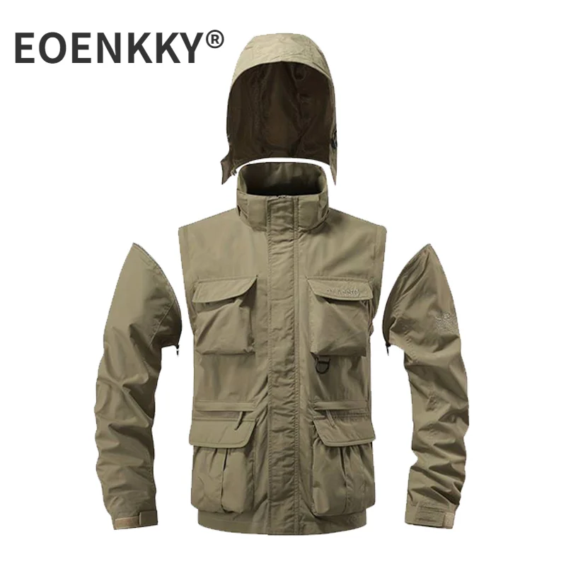 Men's Thin Fishing Jacket Vest US Camping Detachable Sleeve Hat Riding Hiking Outdoor Off-Road Cargo Functional Hooded Jacket