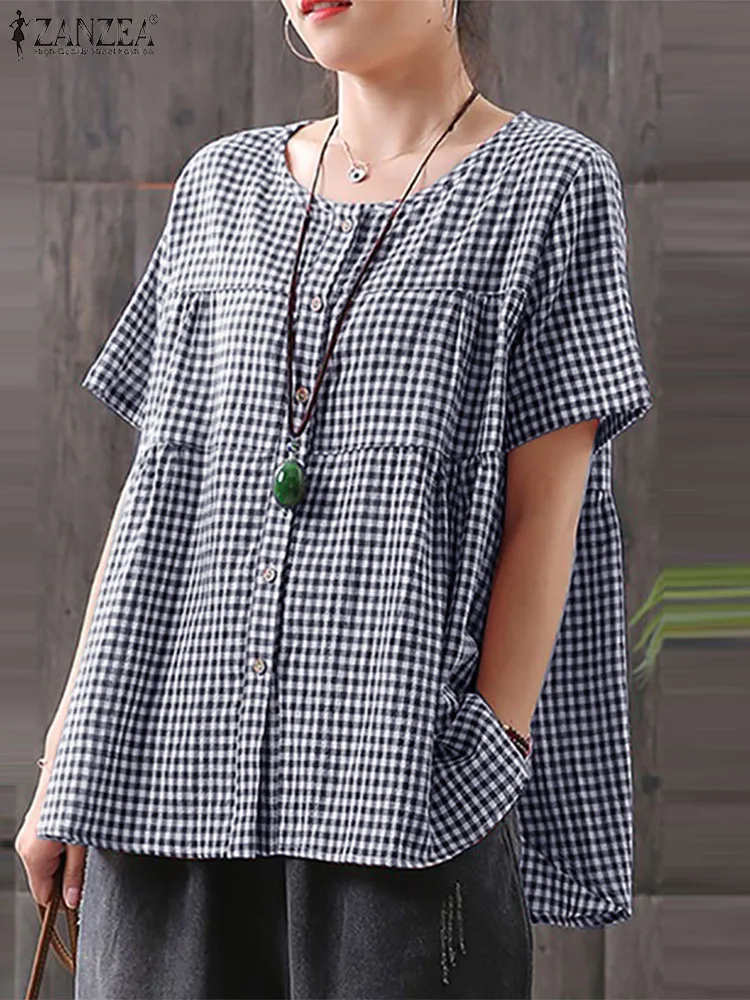 

ZANZEA Fashion Women Plaid Checked Blouse Summer Vintage Short Sleeve Shirt O Neck Buttons Down Tops Casual Loose Party Blusas