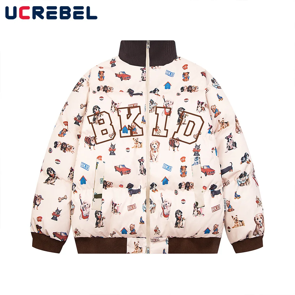 Full Print Puppy Bread Jacket Mens Contrast Embroidery Retro High Street Winter Thick Stand Collar Embroidery Padded Jacket Men