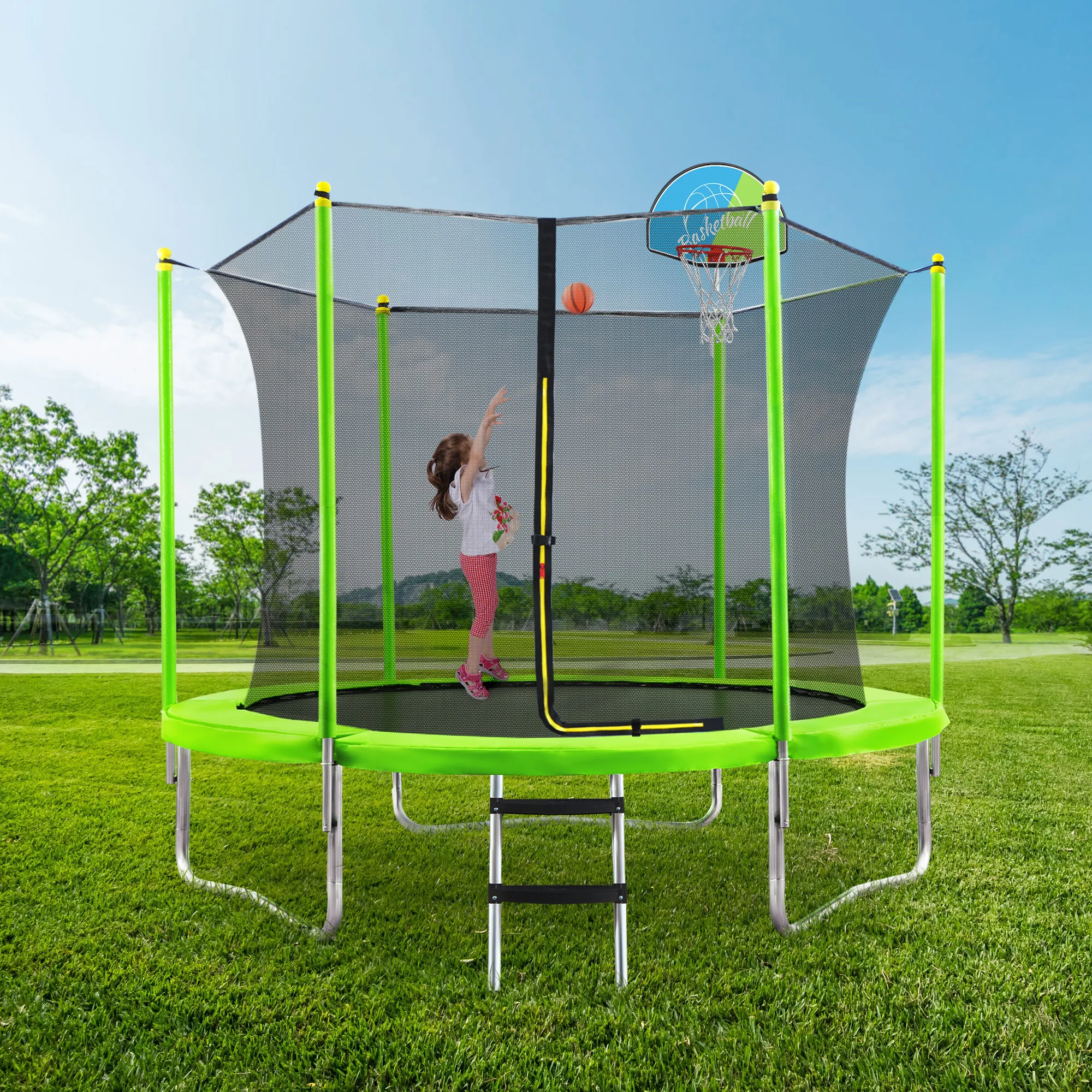 10FT Trampoline with Safety Enclosure Net, Basketball Hoop and Ladder, Easy Assembly Round Outdoor Recreational Trampoline