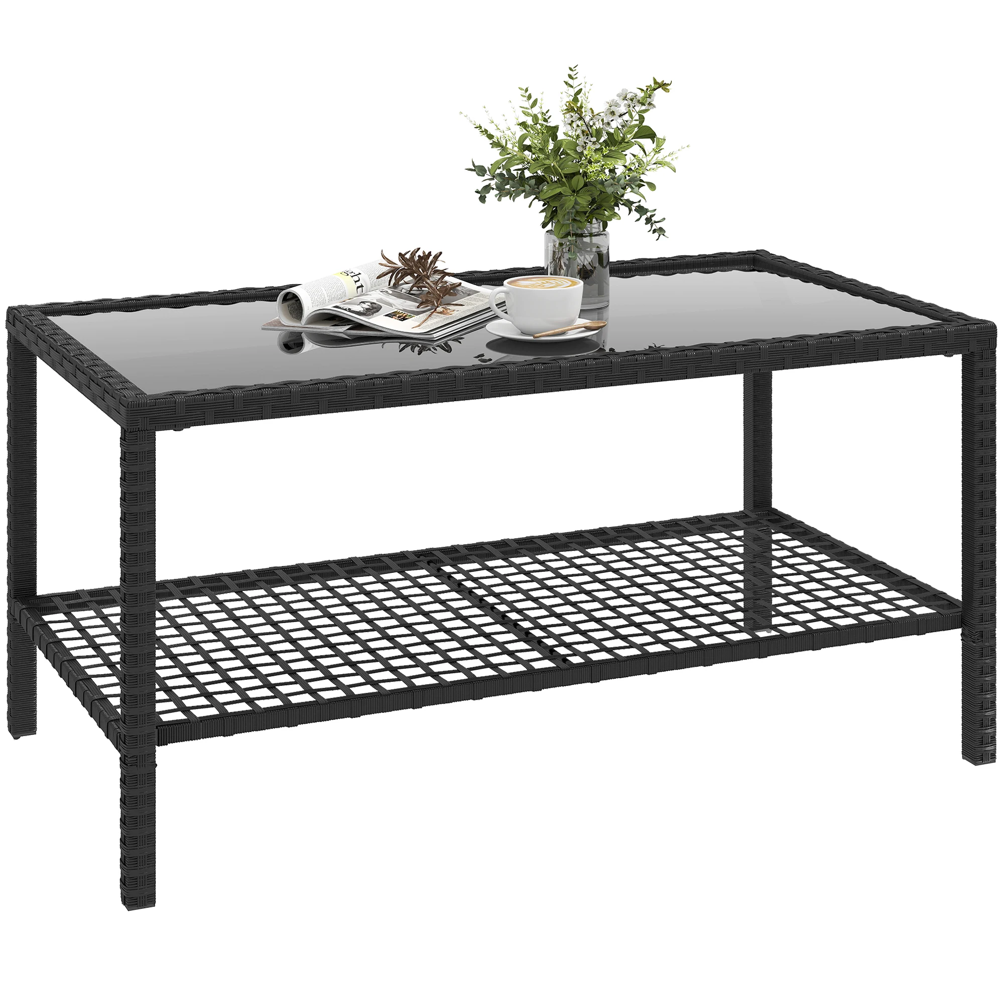Table de jardin en rotin Outsunny avec plateau en verre trempé noir 3