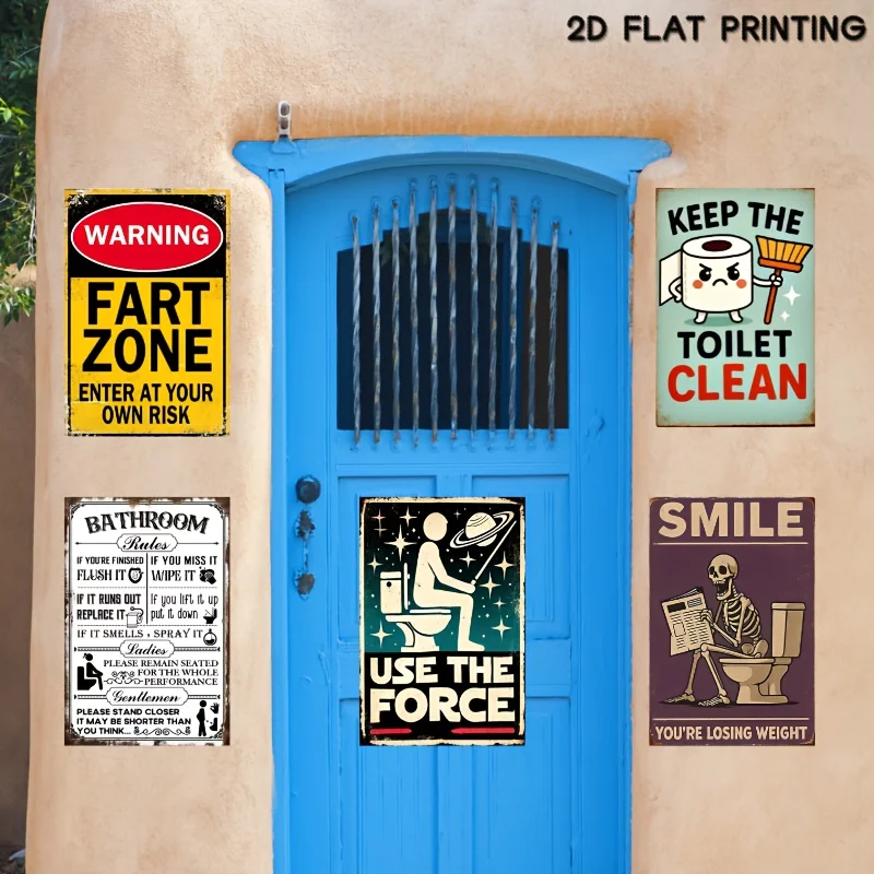 Decorative Sign& Plaque 5pcs Vintage Funny Bathroom Metal Signs, Humorous Toilet Rules Wall Decor with Fart Zone, Keep Toilet Cl