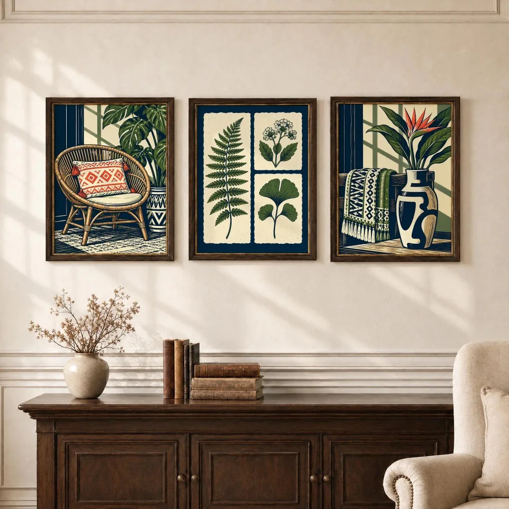 3pcs Frameless, Plant Printable Wall Art, Retro Bohemian Ferns, Wildflowers and Ginkgo Prints, Bedroom Gallery Wall Decoration