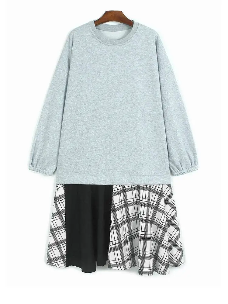 

Женское черно-серое клетчатое платье миди большого размера, новое модное платье с круглым вырезом и длинными рукавами, весна-осень