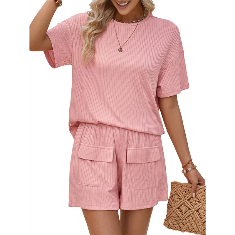 ABRT-Women مطابقة السراويل محبوك جيوب مجموعات الخريف جولة الرقبة 2 قطعة مجموعة الصيف قصيرة الأكمام صالة مجموعات