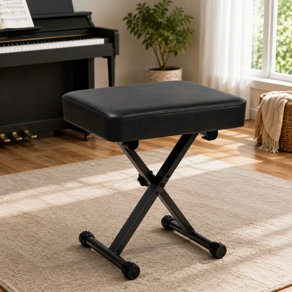 X-Shaped Folding Chair Adjustable Height Padded Stool Metal Collapsible Seat High Density Sponge Piano Guitar Chair for Home