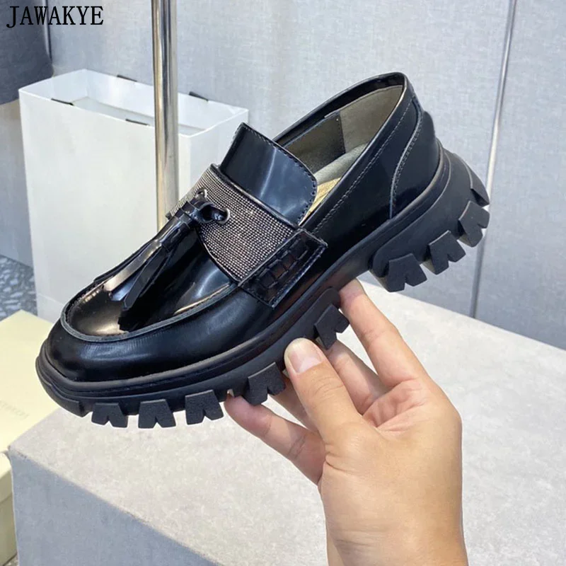 Genuine Leather Crystal Tassels Loafers Women Round Toe Thick Sole Casual Driving Shoes Slip-on Lazy Mules Outdoor Shoes Women