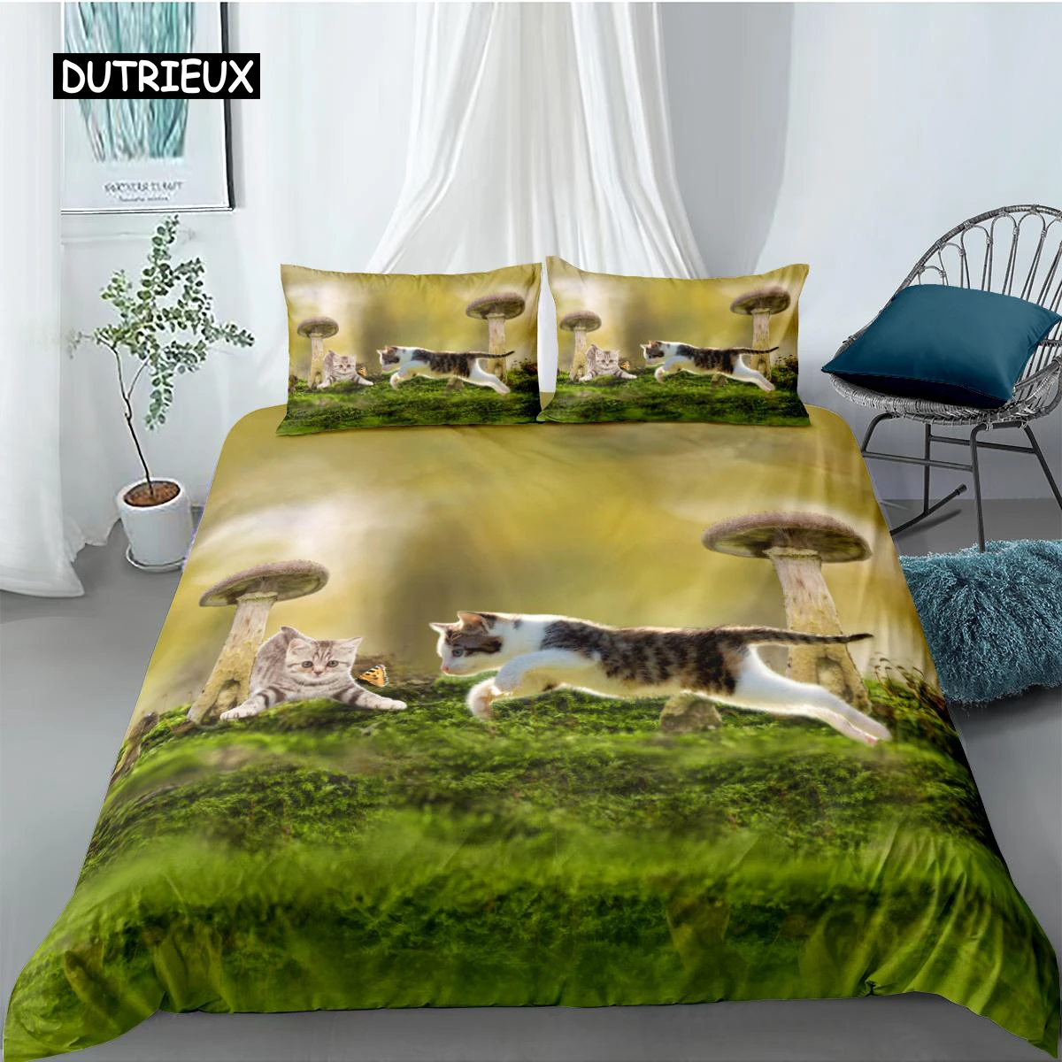 

Cat Duvet Cover Set Pet Cats Pattern Bedding Set Cute Kitten Chase for Kids Girl Microfiber Twin Queen King Size Comforter Cover