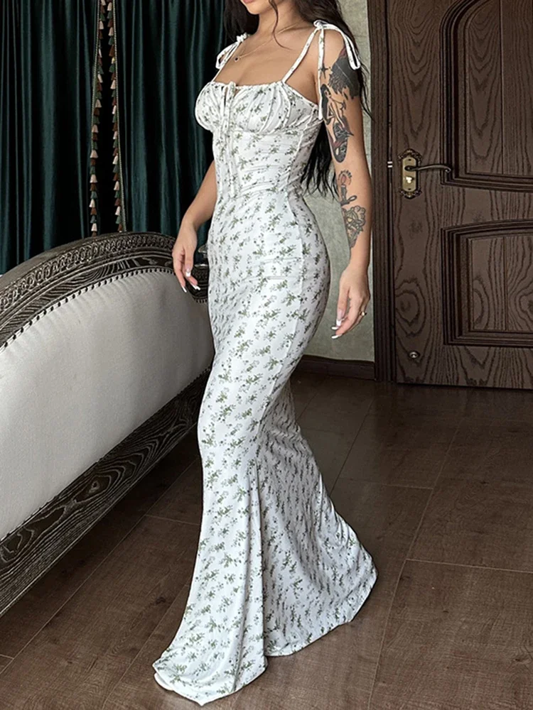 Letnia seksowna damska elegancka sukienka plażowa w kwiaty, obcisła, streetwearowa, długa sukienka na ramiączkach spaghetti, sukienka tuba.