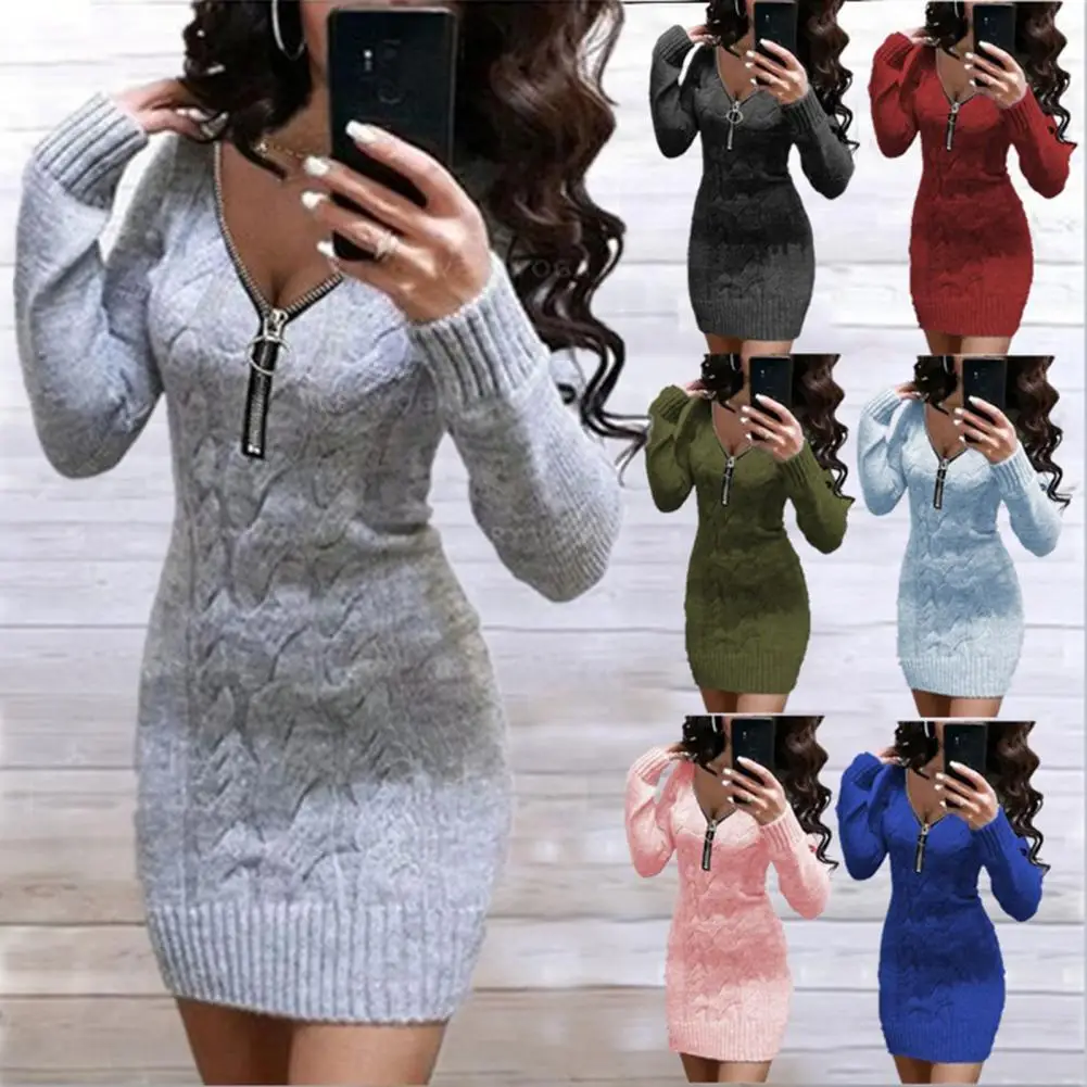 

Twist Pattern Women Dress Solid Color V Neck Zipper Knitted Bodycon Dress Sexy Mid Length Slim Fit Hip Warped Mini Sweater Dress