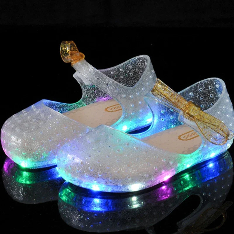 2025 Children Sandals Baby Jelly Crystal Glowing shoe Bow Kids Shoe Girl Sandals Princess shoe Illuminated shoe for Boy