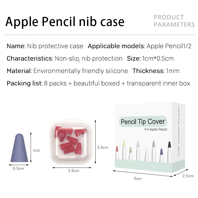 Colorful Skin 8pcs Pen Nib Protective Cover for Apple Pencil 1 2 Touch Screen Stylus for Apple Pencil Silicone Tip Case