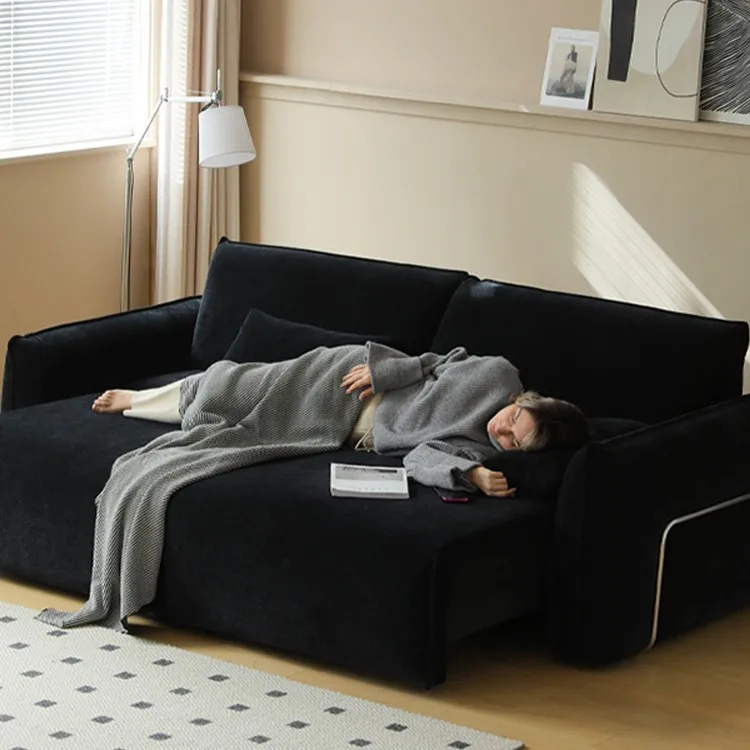 Italian minimalist black electric retractable sofa French medieval living room straight row small apartment fabric sofa
