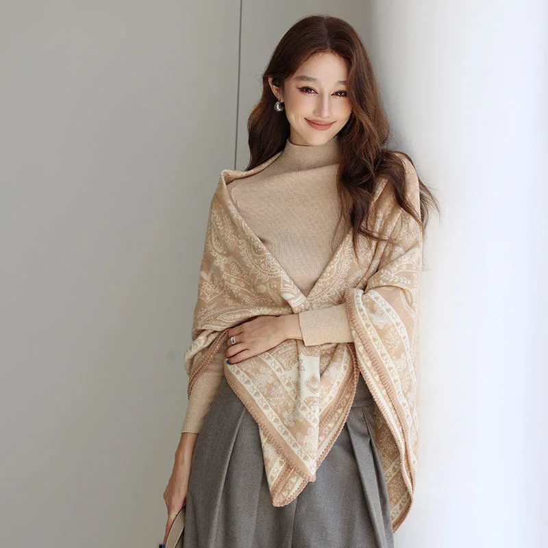 

Шелковый и шерстяной квадратный платок с изысканной отделкой для женщин, 130x130 см, роскошный узор «Кешью», теплый зимний шарф-шаль