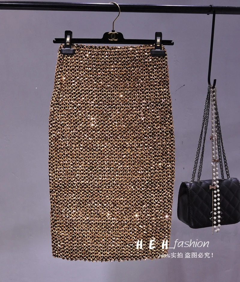 Spring New Oversized Elastic Sequins Over The Knee Skirt Glitter Bag Hip Tight Skirt One-step Skirt