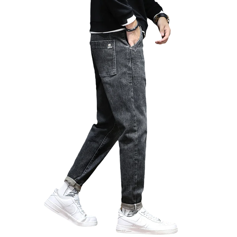 Black Jeans for Men Stretch Loose Fit Harem Pants Streetwear Fashion Letter Printed Desinger Men's Clothing Male Denim Trousers