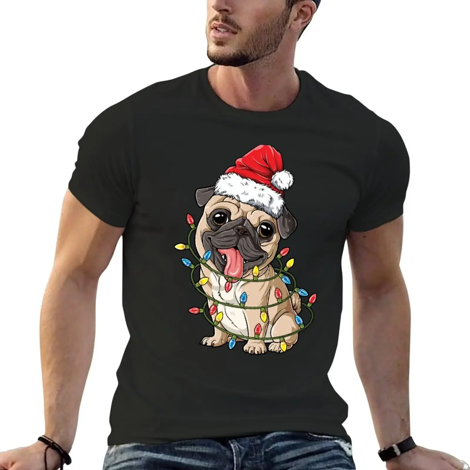 Pug Christmas Shirt Santa Hat Xmas Lights Boys Pugmas Dog T-Shirt cheap stuff vintage t shirts mens designer clothes