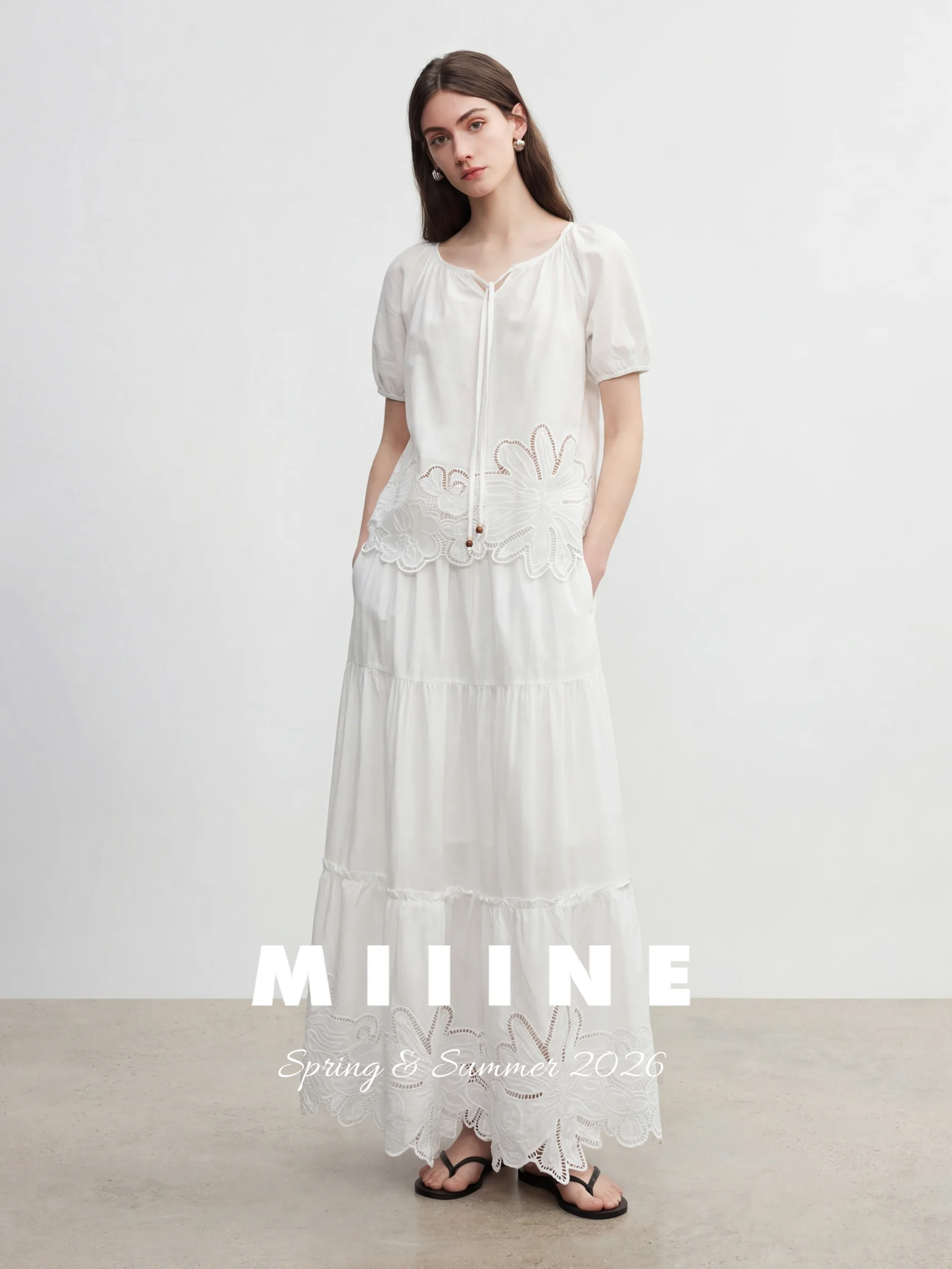 

Miiine Embroidered Hollow out round Neck Tie Top Half Skirt Two Piece Set Breathable Cotton Short Sleeve Holiday Outfit