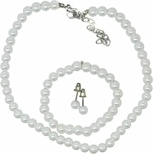 

Classic Children's Girls Kids Faux Pearl Necklace Bracelet Earrings Jewelry Party Set UK