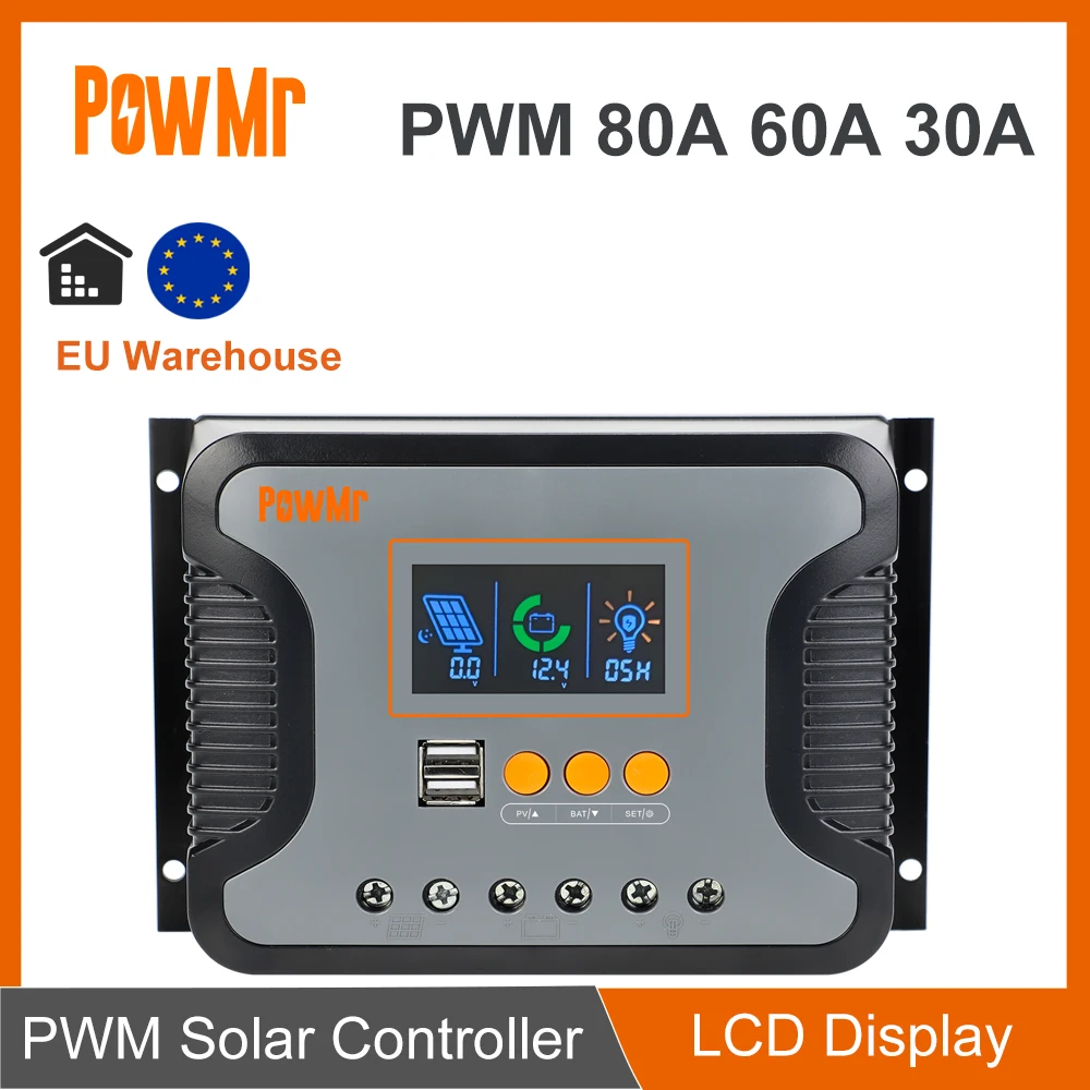 PowMr PWM 80A 60A 30A 12V 24V 36V 48V Auto Solar Charge Regulator Max PV 100V 24 hour Settable Work Time Fit for Light RV System