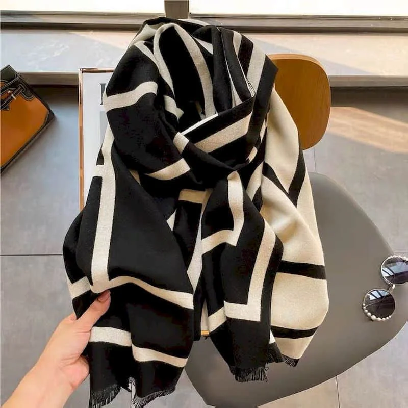 Scarf Women Luxury Vintage Striped Design Cashmere-like Female Scarf Korean Style Knitted Winter Pashmina Shawl 