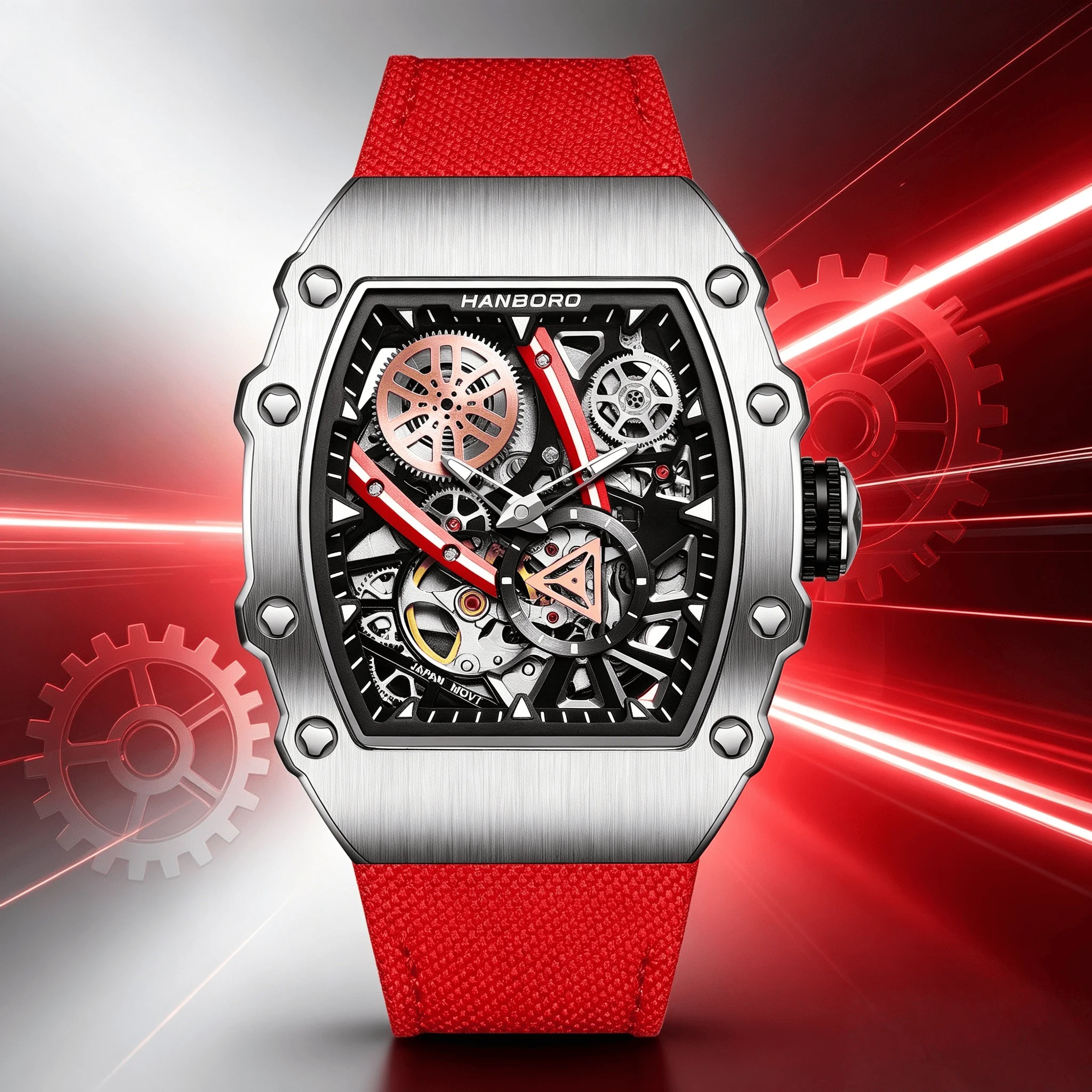 HANBORO Herren-Armbanduhr, aushöhlen, vollautomatisch, mechanisch, Schwungrad, modisches Nachtlicht, wasserdichte Uhr 951-3
