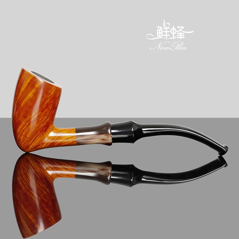 MUXIANG Handmade briar wood tobacco pipe curved handle smoking pipe horn decorative ring Heath wood smoking pipe 3mm flue