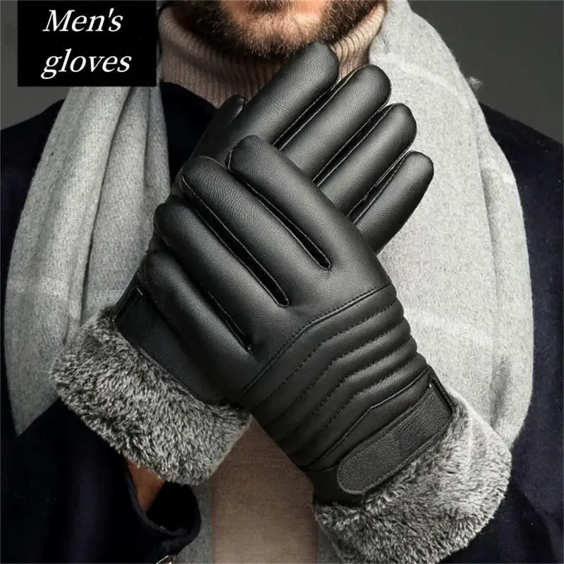 Winter Warm Black Leather Gloves MEN'S Fur Mouth Plush Insulation Mittens Male Outdoor Cycling Motorcycle Warm Riding Gloves